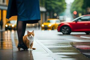 une femme dans haute talons et une chat sur le rue. généré par ai photo