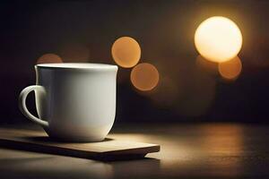 une café tasse est assis sur une en bois plateau dans de face de une flou Contexte. généré par ai photo
