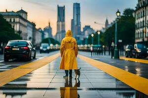 une la personne dans une Jaune imperméable et chien sur une humide rue. généré par ai photo