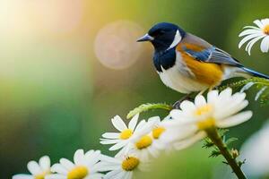 une oiseau est séance sur Haut de certains fleurs. généré par ai photo