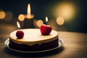 une gâteau avec deux bougies sur Haut de il. généré par ai photo