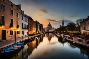 une canal dans le ville à le coucher du soleil. généré par ai photo