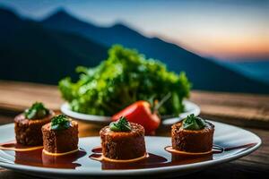 Trois petit Boulettes de viande sur une assiette avec une Montagne dans le Contexte. généré par ai photo
