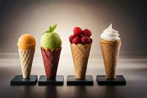 quatre la glace crème cônes avec différent les saveurs. généré par ai photo