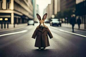 une lapin portant une manteau et permanent sur le rue. généré par ai photo
