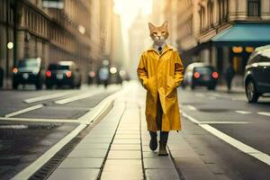 une Renard portant une Jaune imperméable en marchant vers le bas une ville rue. généré par ai photo