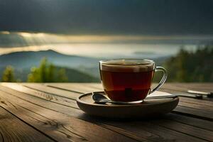 une tasse de café sur une en bois table avec une vue de le montagnes. généré par ai photo