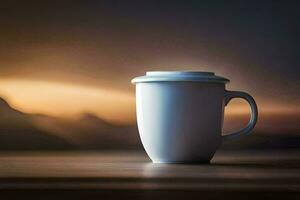 café tasse sur une table avec montagnes dans le Contexte. généré par ai photo