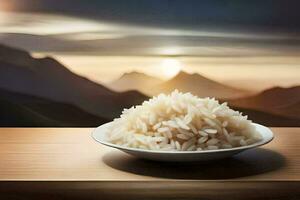 une bol de riz sur une table dans de face de montagnes. généré par ai photo