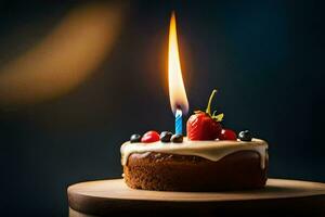 une anniversaire gâteau avec une Célibataire bougie. généré par ai photo