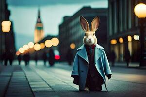 une lapin habillé dans une manteau et attacher permanent sur une rue. généré par ai photo