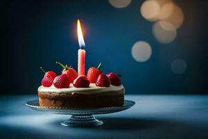 une anniversaire gâteau avec une Célibataire bougie. généré par ai photo