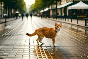 un Orange chat en marchant à travers une rue. généré par ai photo