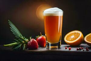 une verre de Bière avec fruit et des oranges. généré par ai photo