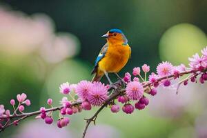 une oiseau séance sur une branche avec rose fleurs. généré par ai photo