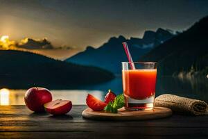 photo fond d'écran le ciel, montagnes, pomme, jus, fruit, fruit jus, fruit jus,. généré par ai