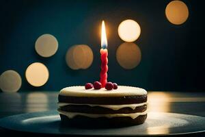 une anniversaire gâteau avec une Célibataire bougie sur Haut. généré par ai photo