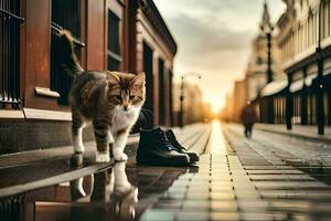 une chat est permanent sur une rue avec une paire de chaussures. généré par ai photo