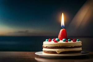 une anniversaire gâteau avec une Célibataire bougie sur Haut. généré par ai photo