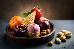 une bol de la glace crème, des fraises, des noisettes et fruit. généré par ai photo