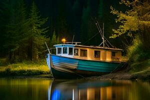 une bateau est assis sur le rive à nuit. généré par ai photo