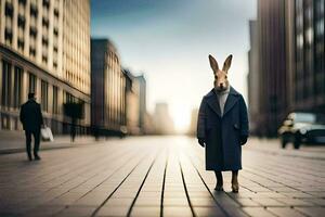 une lapin dans une manteau permanent sur une rue. généré par ai photo