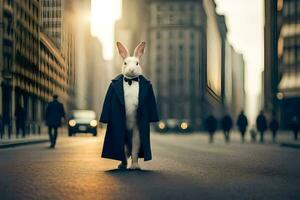 une lapin habillé dans une costume et attacher permanent dans le milieu de une ville rue. généré par ai photo