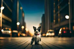 une chien séance sur le rue à nuit. généré par ai photo