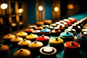 une table avec beaucoup coloré des pots et des casseroles. généré par ai photo
