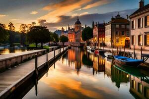 une canal dans le milieu de une ville à le coucher du soleil. généré par ai photo