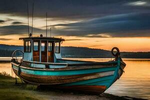 une bateau est assis sur le rive à le coucher du soleil. généré par ai photo