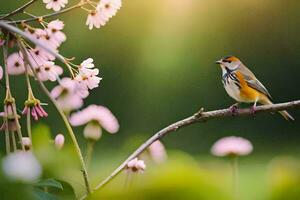 une oiseau est assis sur une branche avec rose fleurs. généré par ai photo