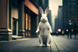 une blanc lapin permanent sur ses de derrière jambes dans une ville rue. généré par ai photo