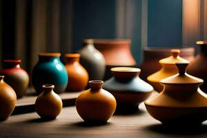 une groupe de des vases séance sur une tableau. généré par ai photo