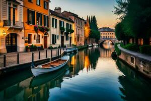 une bateau est amarré dans une canal à le coucher du soleil. généré par ai photo