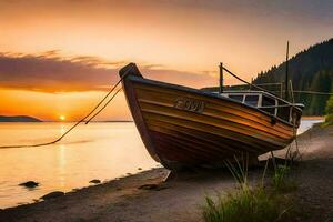 une bateau est assis sur le rive à le coucher du soleil. généré par ai photo