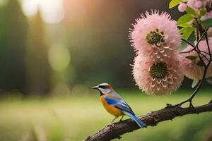 une oiseau est assis sur une branche avec rose fleurs. généré par ai photo