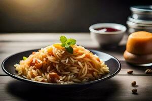 une assiette de riz avec tomate sauce et des noisettes. généré par ai photo