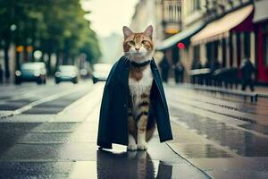 une chat portant une cap sur une pluvieux rue. généré par ai photo