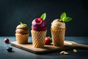 Trois la glace crème cônes avec différent les saveurs sur une en bois plateau. généré par ai photo