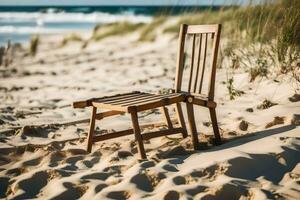 une en bois chaise est assis sur le le sable près le océan. généré par ai photo