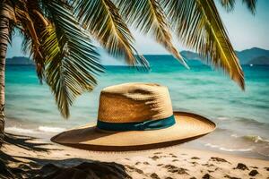 une chapeau sur le plage avec paume des arbres. généré par ai photo