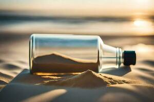 message dans une bouteille sur le plage. généré par ai photo