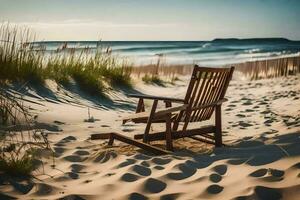 une en bois chaise est assis sur le le sable près le océan. généré par ai photo