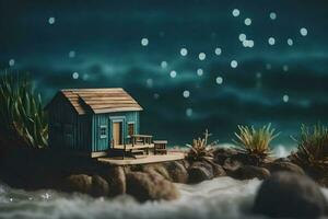 une miniature maison sur le plage à nuit. généré par ai photo