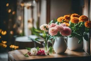 fleurs dans des vases sur une tableau. généré par ai photo