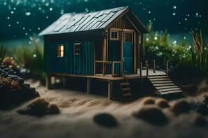 une miniature maison sur le plage avec l'eau et les plantes. généré par ai photo