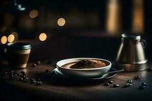 une tasse de café sur une en bois table avec une café pot et une cuillère. généré par ai photo