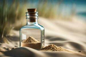 une bouteille de le sable sur le plage. généré par ai photo