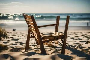 une en bois chaise est assis sur le plage dans de face de le océan. généré par ai photo